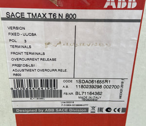T6N800 - 1SDA06165512R1 - T6N 800 UL/CSA PR221DS-LS/I 600 3P F F - SACE TMAX - 800A/600VAC  -  ABB T6N800 CIRCUIT BREAKER
