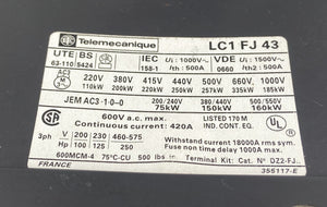LC1FJ43 - 600VAC  420A - 120 VAC COIL 3 POLE - 3 PHASE   -  TELEMECANIQUE LC1FJ CONTACTOR
