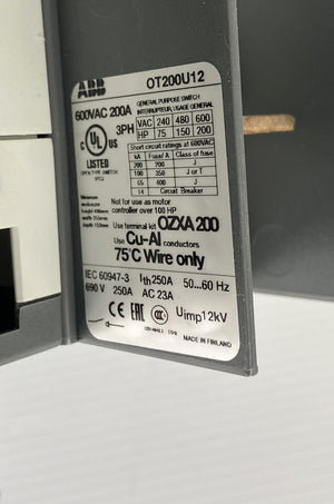 OT200U12 - 600VAC - 200A - 3PH - 240VAC-600VAC - 75-200HP  -  ABB OT200 GENERAL PURPOSE SWITCH