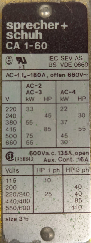 CA 1-60 Coil 110/120Vac 600vac 135A 3PH OPEN AUX CONT 16A SIZE 3 1/2  -  SPRECHER + SCHUH CA1 CONTACTOR