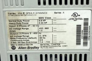 20AE0P9A0AYNNNC0 - POWERFLEX70 - 600V - 3 PHASE - 0,5HP - 47-63HZ  -  ALLEN BRADLEY 20AE0 AC DRIVE