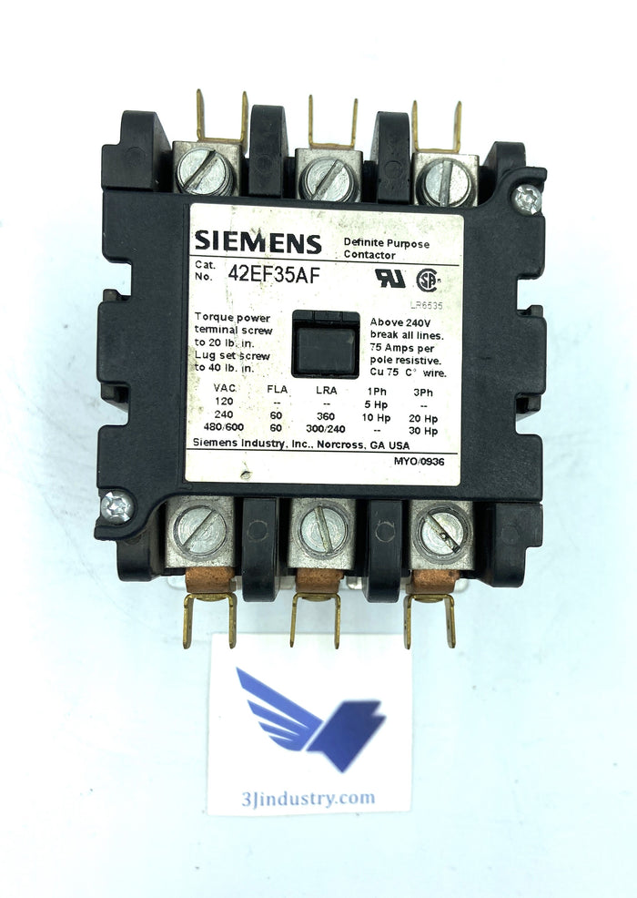 42EF35AF - COIL 110/120V - 50/60HZ - 60A - 3 POLES - OPEN - 600VAC  -  SIEMENS 42EF35 DEFINITE PURPOSE CONTACTOR