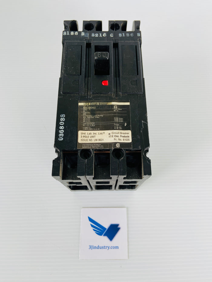 E63B060 TYPE E6 60A 600VAC 3 POLE  -  SIEMENS ITE E63B060 CIRCUIT BREAKER
