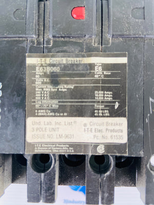 E63B060 TYPE E6 60A 600VAC 3 POLE  -  SIEMENS ITE E63B060 CIRCUIT BREAKER