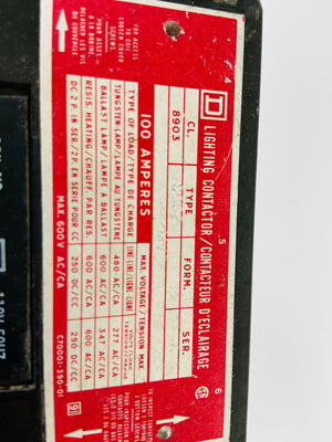 8903-SQG2 8903SGG2 SER A MV 100A 600VAC 110V50HZ 120V60HZ COIL  -  SQUARE D  8903SQ LIGHTING CONTACTOR