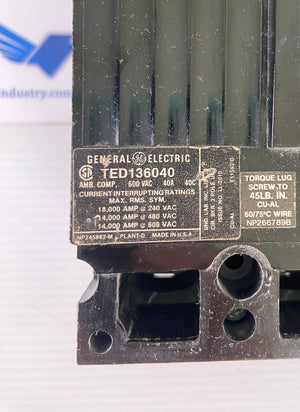 TED136040 - 3 POLE - 600VAC 40A 40C  -  GENERAL ELECTRIC GE TED136040 CIRCUIT BREAKER