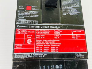 CED63B050 - 50A - 3 POLE - 40C - 600V - CED6  -  SIEMENS CED63B050 CIRCUIT BREAKER