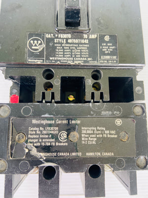 FB3070 WITH LFB3070R - 600VAC 3 POLE 70A 40C   -  WESTINGHOUSE FB3070 CIRCUIT BREAKER