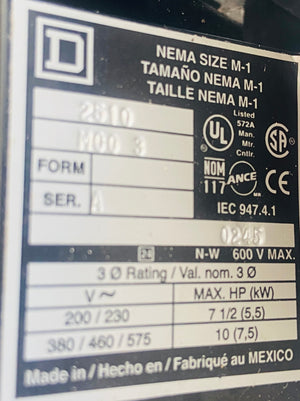 2510MCA3 - 600VAC - 3 POLE - 3PH - 10HP@380/575V TYPE 12  -  SQUARE D 2510MCA3 MANUAL STARTER