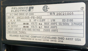 GP-2000 - 2GC21005 - 6,6KVA - 5HP@0,8PF - 200/230VAC - 50/60HZ - 3 PHASE - 19,6A  -  RELIANCE ELECTRIC 2GC21005 DRIVE