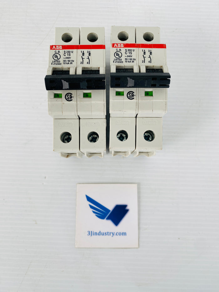 LOT OF 2 - S202U-C15 - 2 POLE - 15A - 240VAC - 50/60HZ  -  ABB S202UC15 CIRCUIT BREAKER