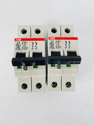 LOT OF 2 - S202U-C15 - 2 POLE - 15A - 240VAC - 50/60HZ  -  ABB S202UC15 CIRCUIT BREAKER