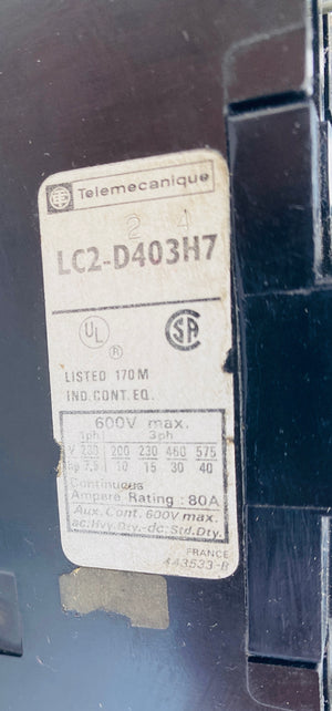 LC2-D403H7 - LR1-D40 355 - LX6-D40 093 - 93/110/120V - 3PH - 600V - 80A  -  TELEMECANIQUE LC2 REVERSING CONTACTOR