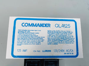 QL4125 - 4 SPACES - 8 CIRCUITS - 125A - 120/240VAC WITH 3 15A BREAKERS  -  COMMANDER QL4125 SUBPANEL