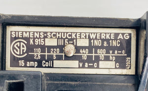 K-915-III-5-1 - 15A - 5 POLE - 1NO - 1NC - 110V/600V -2,5-10HP  -  SIEMENS K915 CONTACTOR