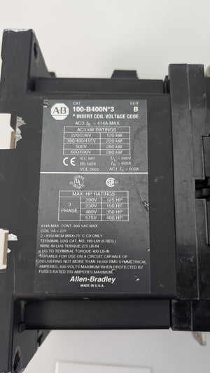 100-B400N*3 - COIL 120V 60HZ - 414A 220KW 110V 3 PHASE 400HP - ALLEN-BRADLEY 100B400N CONTACTOR