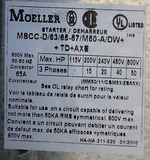 MSCC D/63/65-57/M50-A/DW+TD+AXE MOELLER STARTER  20HP/240V 40HP/480V  50HP/600V