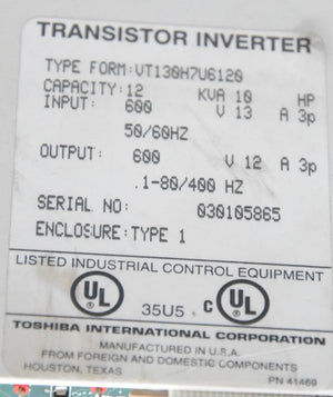 VT130H7U6120 AS IS- FOR PARTS  -  TOSHIBA VT130 TRANSISTOR INVERTER AC DRIVE