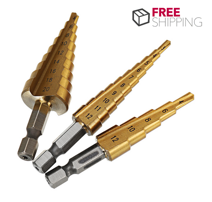 Drillpro 3Pcs 1/4 Inch Hex Shank HSS Titanium Coated Step Drill Bit Set 3-12/4-12/4-20mm
